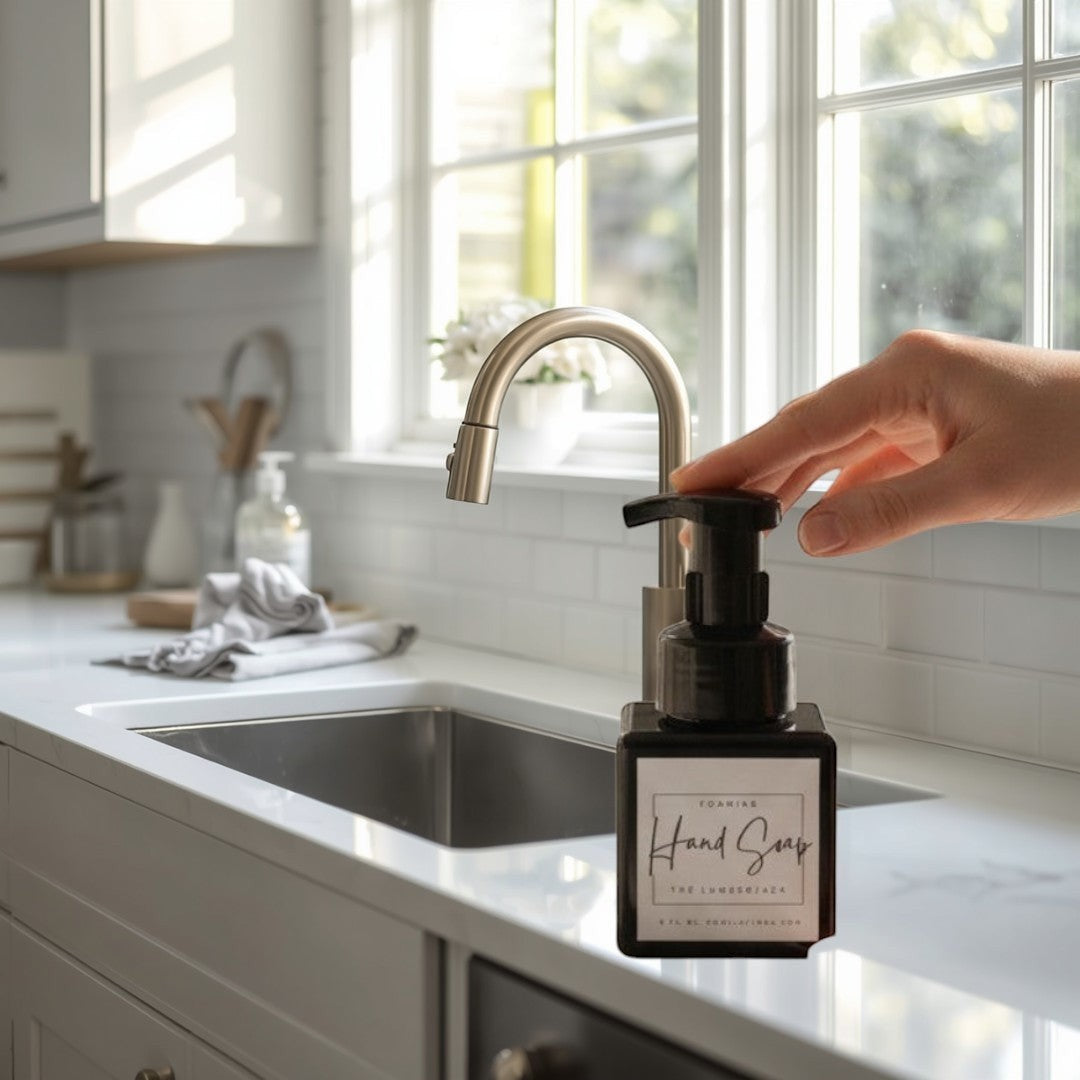 Doodlations Coffee Bar & Boutique The Lumberjack Foaming Hand Soap in minimalist black bottle with white label.
