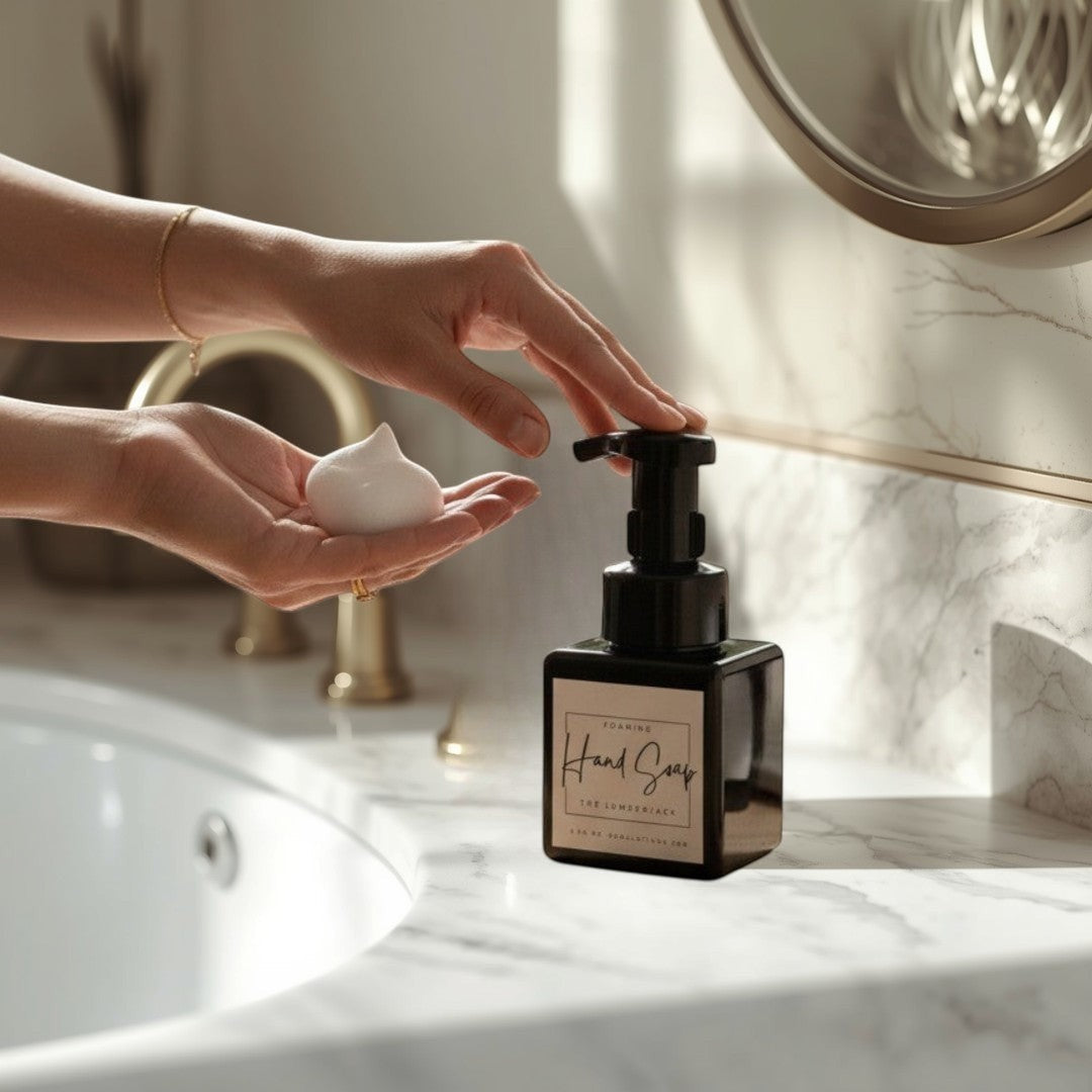 Doodlations Coffee Bar & Boutique Lumberjack foaming hand soap in a black square bottle with white label, dispensing foam.