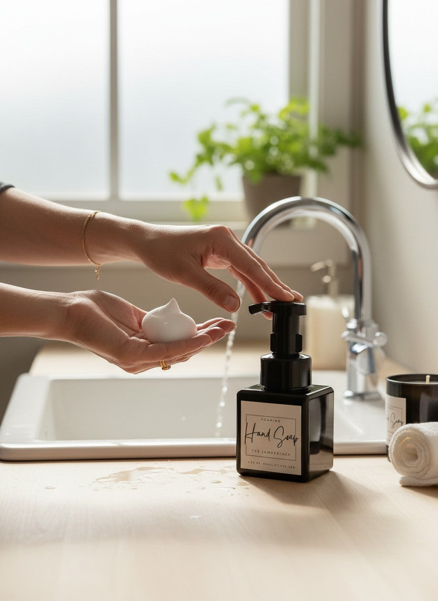 Doodlations Coffee Bar & Boutique Lumberjack foaming hand soap in a black square bottle with white label, dispensing foam.