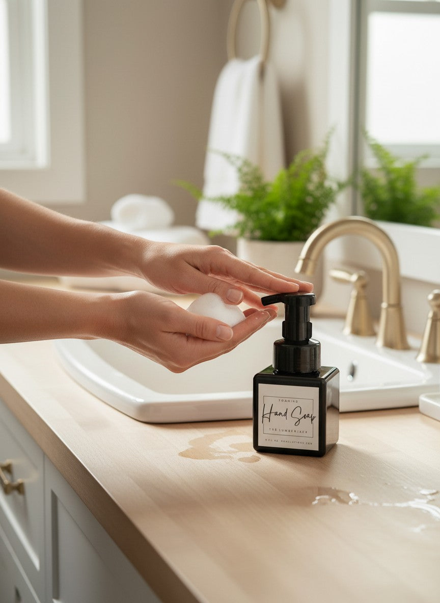 Doodlations Coffee Bar & Boutique The Lumberjack foaming hand soap in a black bottle with a white label, dispensing foam into hands.