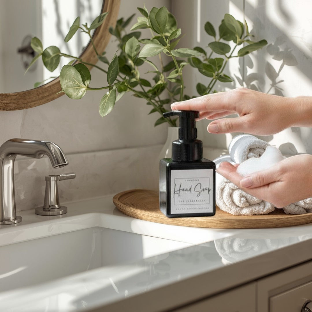 Doodlations Coffee Bar & Boutique The Lumberjack Foaming Hand Soap in a black bottle with white label, dispensing foam.