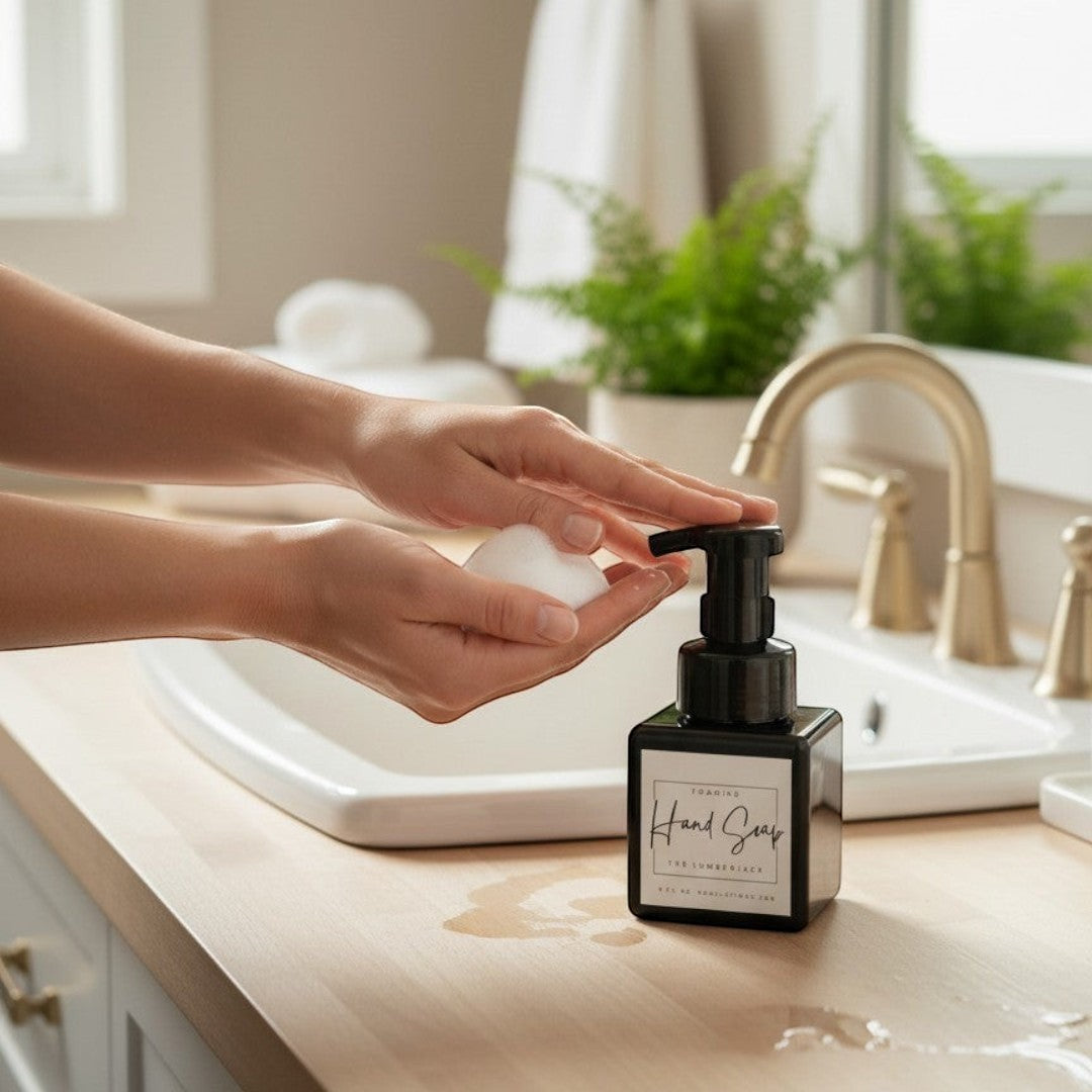 Doodlations Coffee Bar & Boutique The Lumberjack foaming hand soap in a black bottle with a white label, dispensing foam into hands.