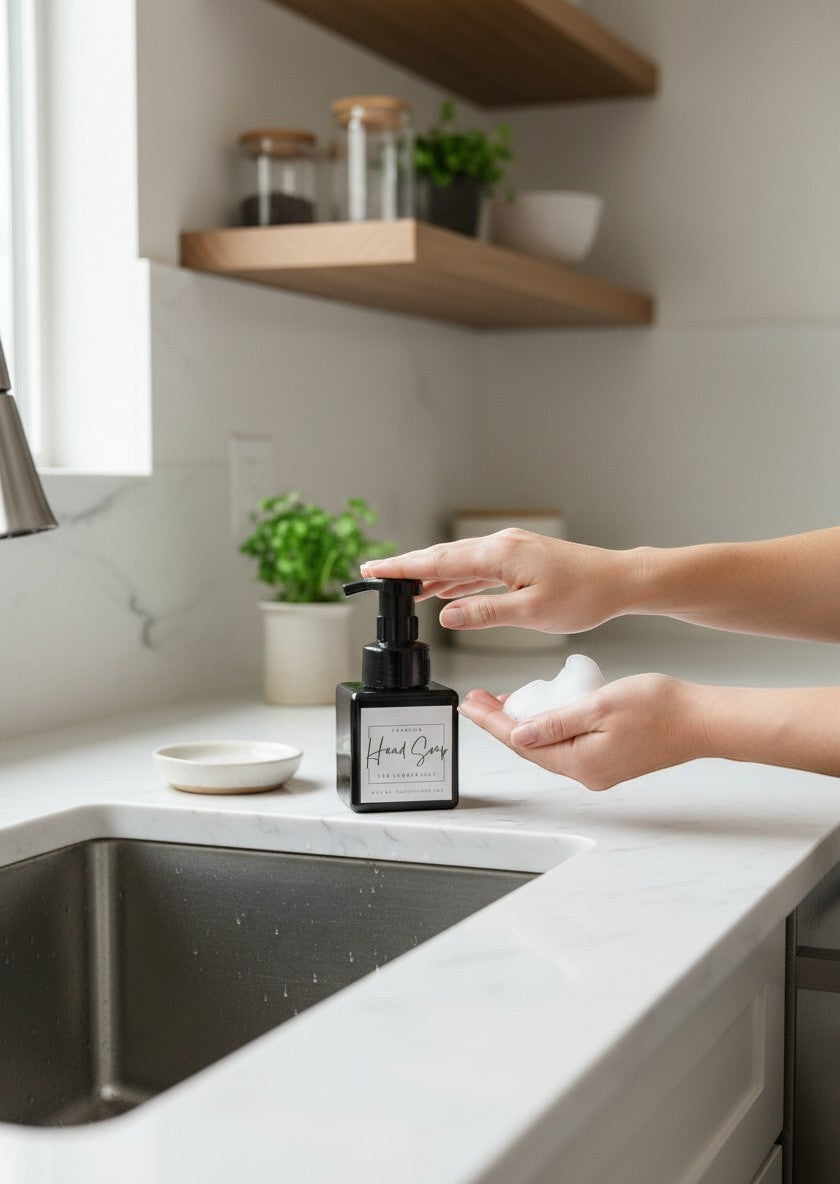 Doodlations Coffee Bar & Boutique The Lumberjack Foaming Hand Soap in a black bottle with white label, dispensing foam.