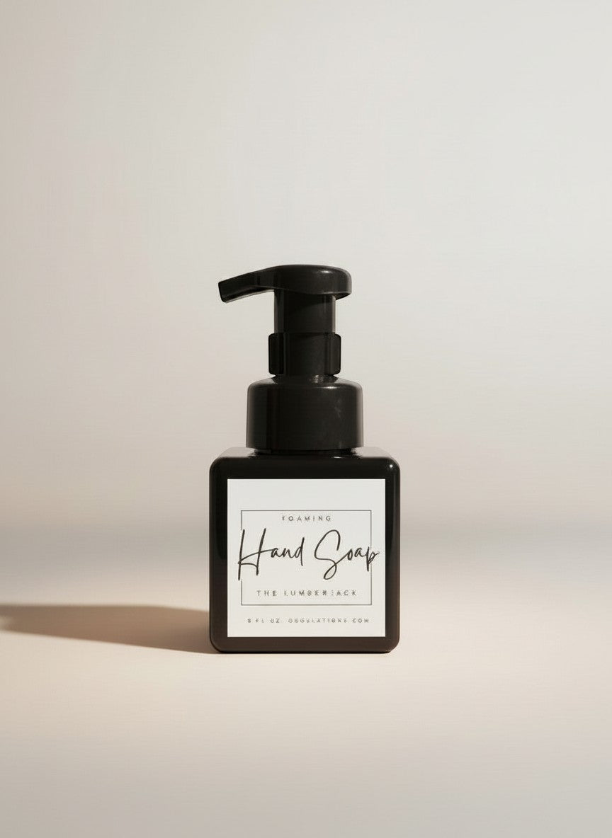 Doodlations Coffee Bar & Boutique The Lumberjack foaming hand soap in a minimalist black bottle with a white label.