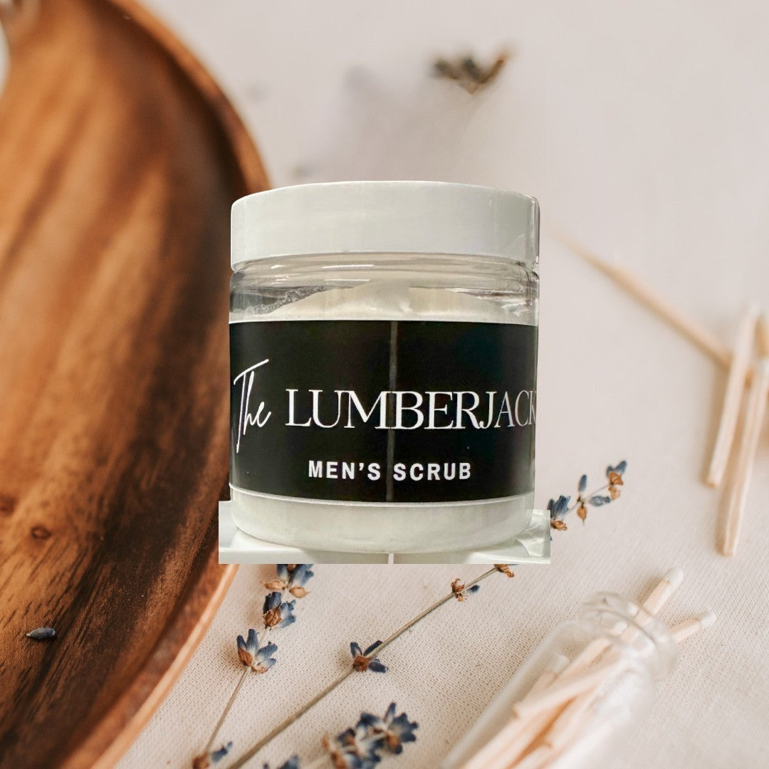 Doodlations Lumberjack Men's Scrub, a white sugar scrub in a clear jar with a black label.