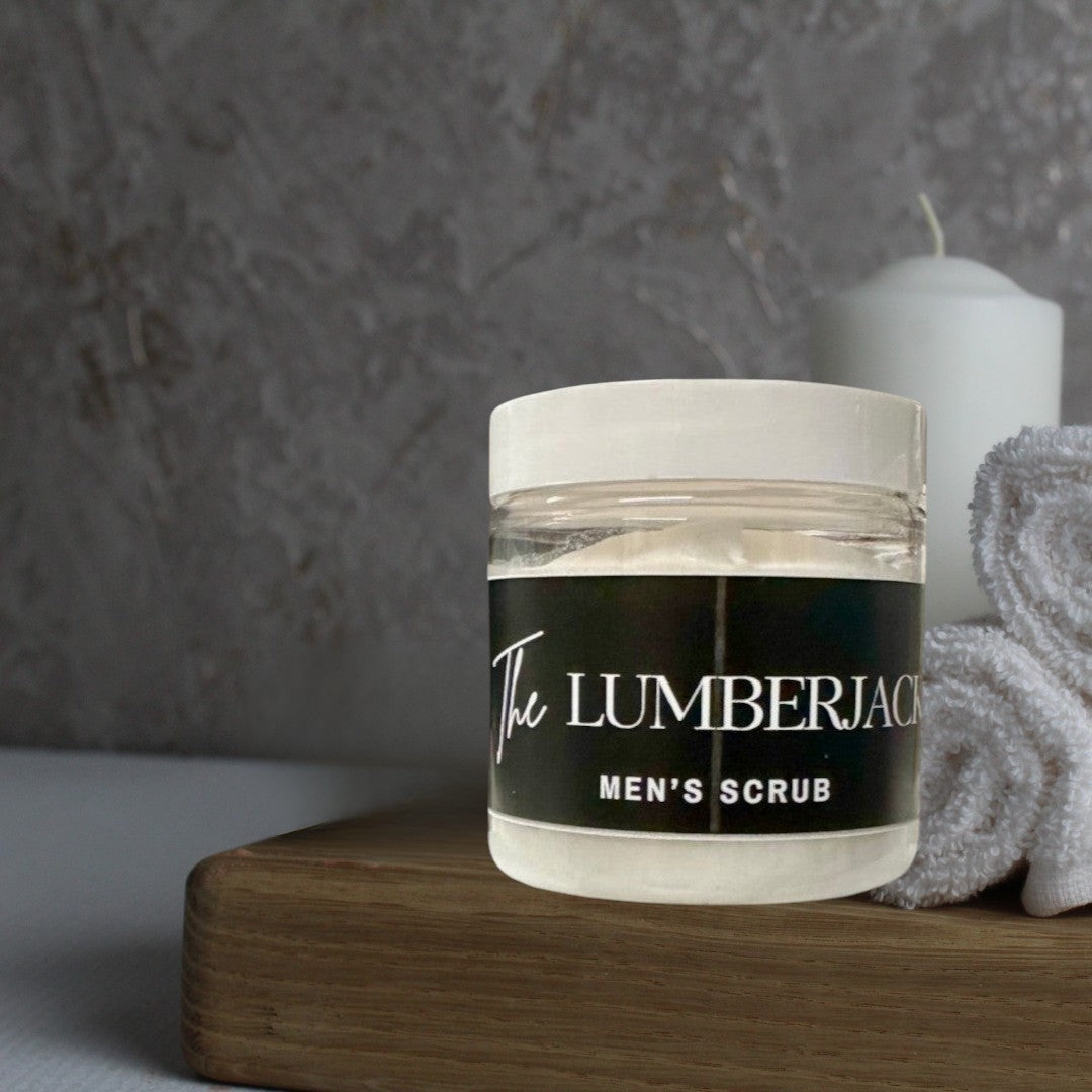 Doodlations Lumberjack Men's Sugar Scrub in a clear jar with a black label, 4 oz.