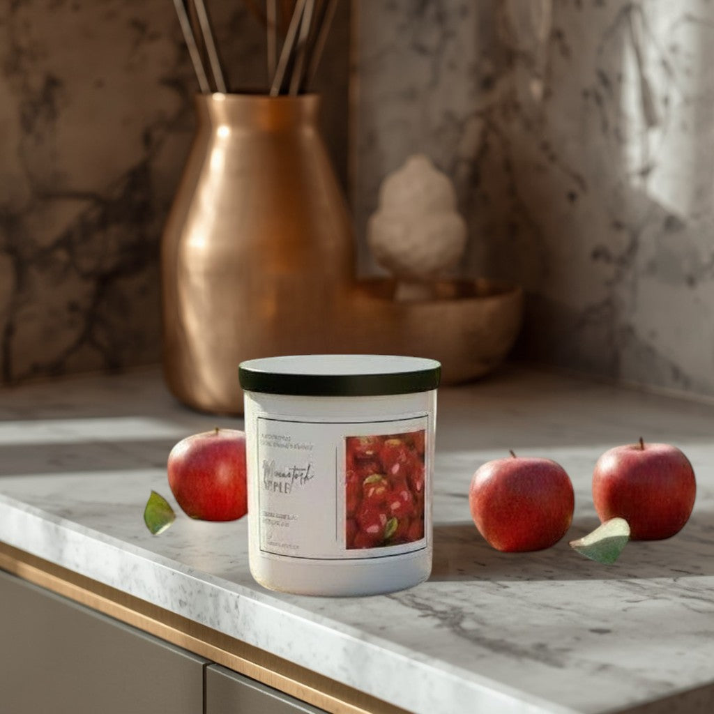 Doodlations Coffee Bar & Boutique Macintosh Apple candle with a crisp, true-to-nature scent, set on a wooden table with apples and leaves.