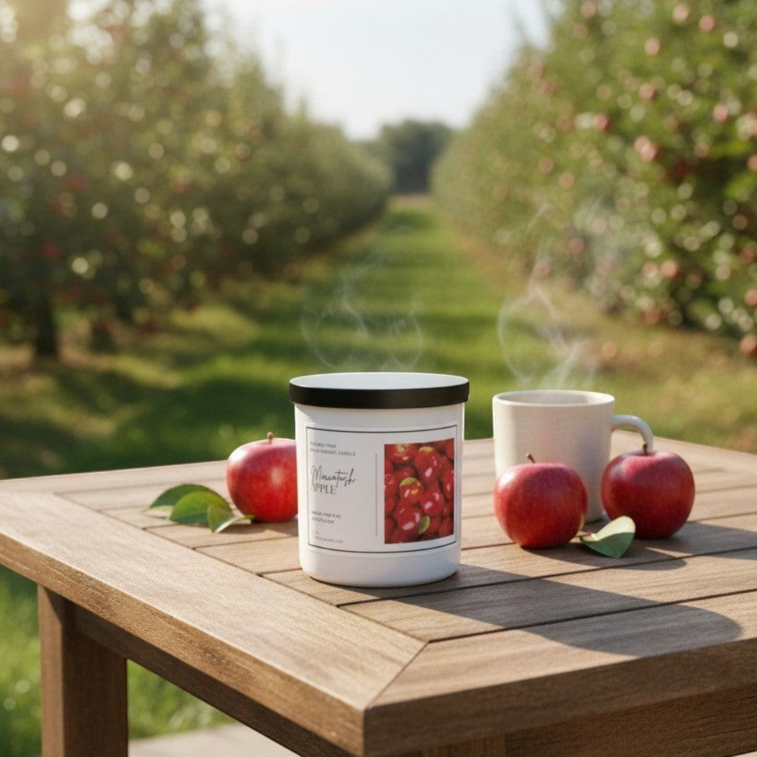 Doodlations Macintosh Apple hand-poured soy blend candle with a crisp, refreshing apple scent.