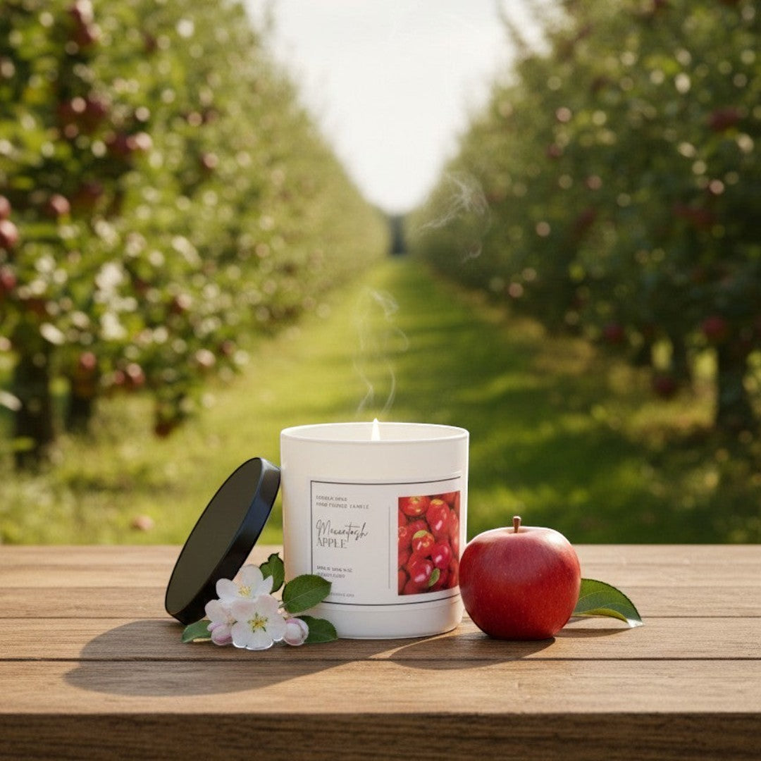 Doodlations Macintosh Apple hand-poured candle in a white container with a black lid. The candle has a creamy yellow wax and a label featuring red apples.