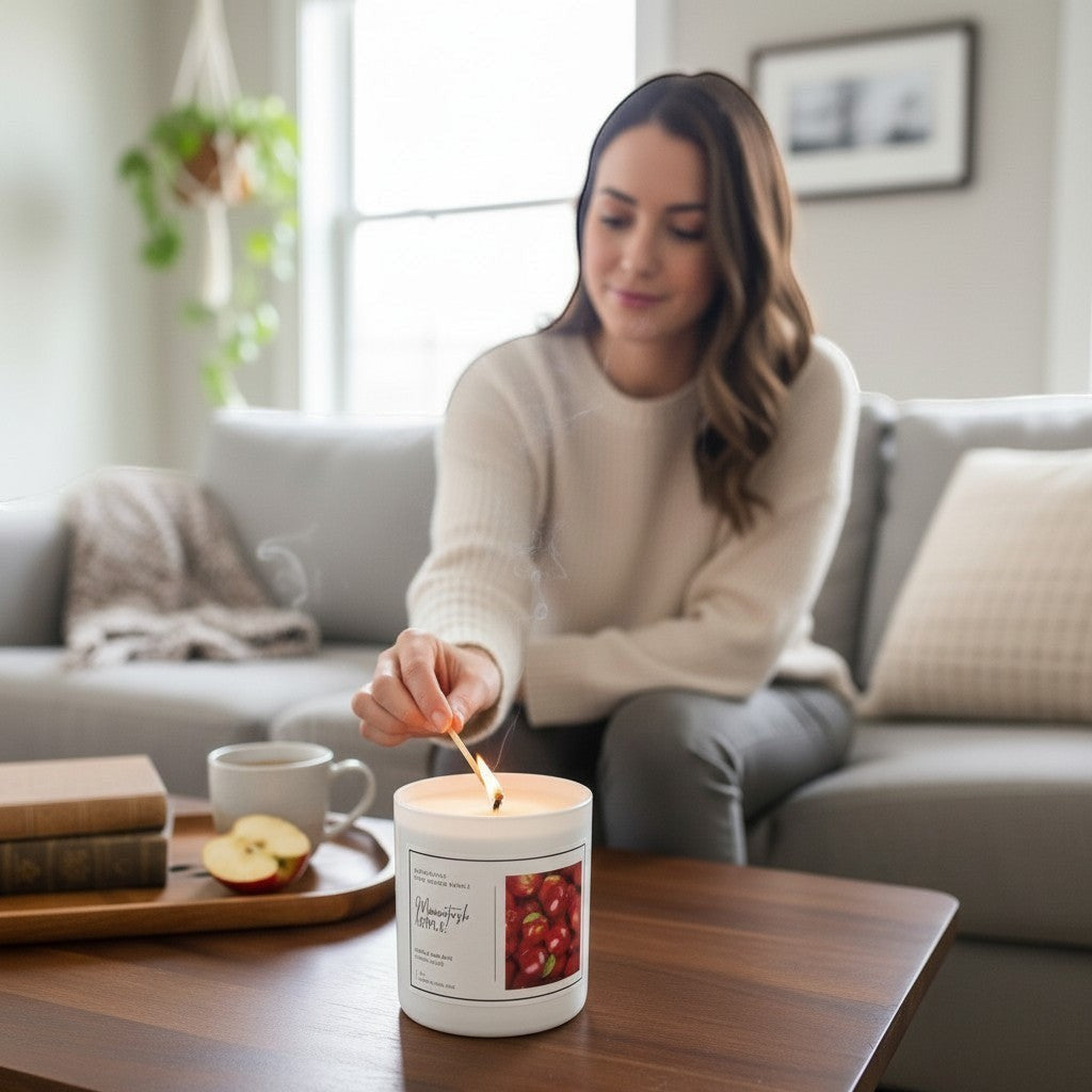 Doodlations Coffee Bar & Boutique Macintosh Apple candle being lit by a woman in a cozy living room setting.