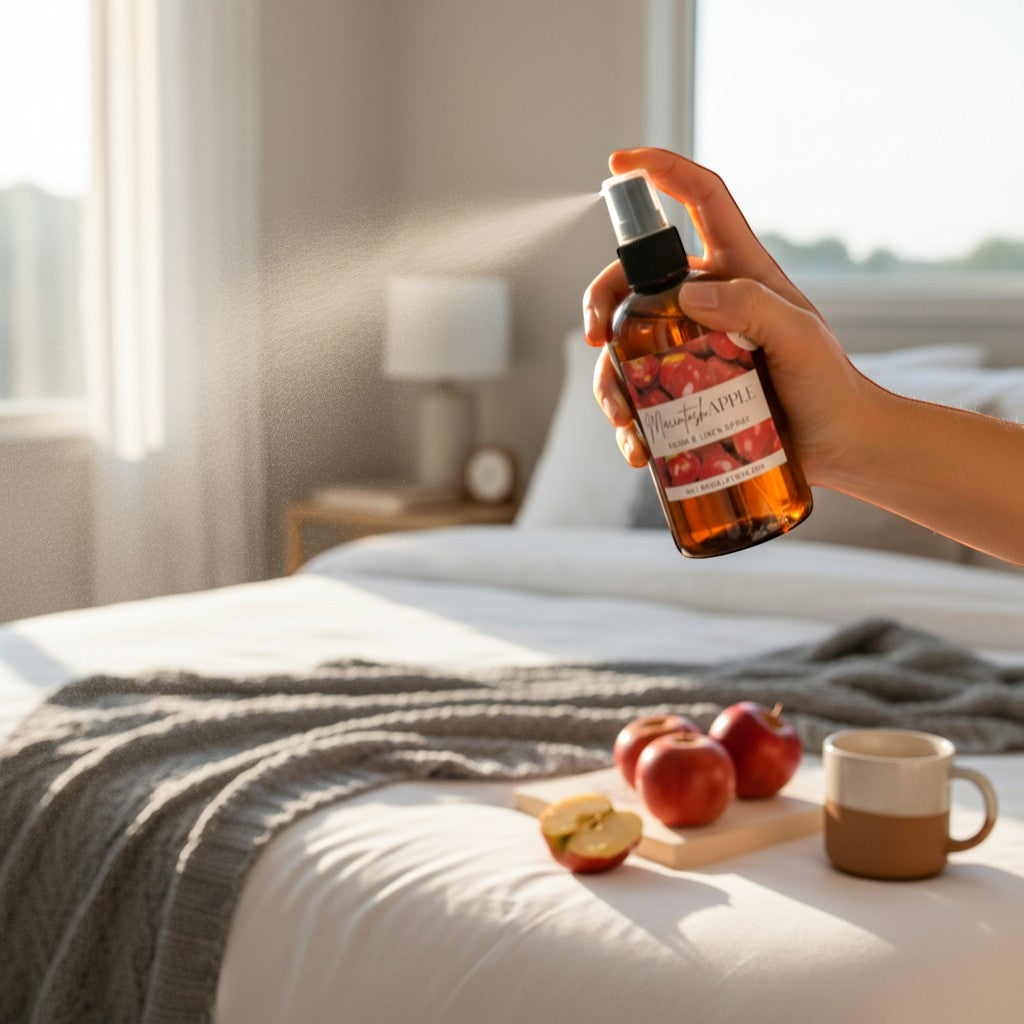 Doodlations Coffee Bar & Boutique Macintosh Apple Room & Linen Spray in amber bottle, misting into a bedroom.