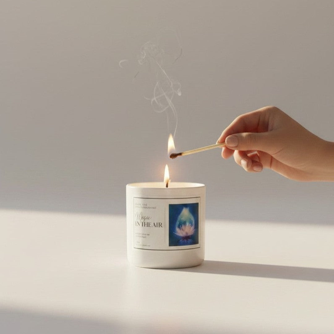 Doodlations Coffee Bar & Boutique Magic in the Air candle being lit, with floral and vanilla notes.