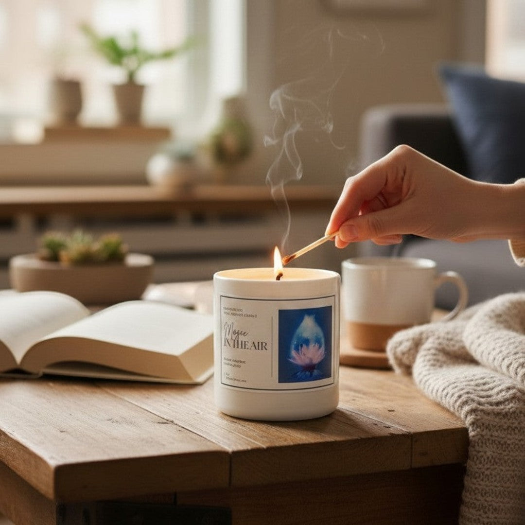 Doodlations Coffee Bar & Boutique Magic in the Air candle being lit with a match, featuring floral and vanilla notes.