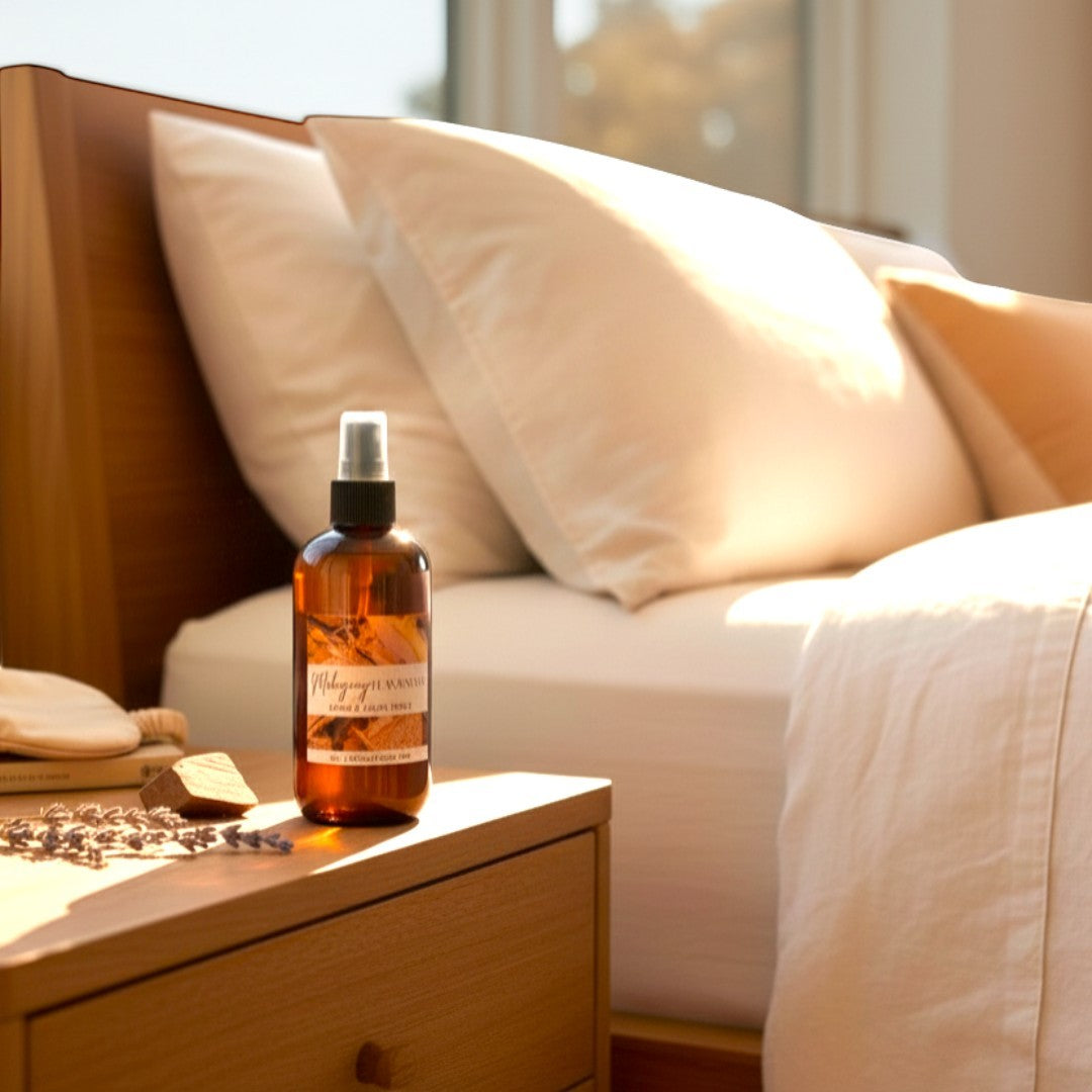 Doodlations Coffee Bar & Boutique Mahogany Teakwood Room & Linen Spray bottle on nightstand next to bed.