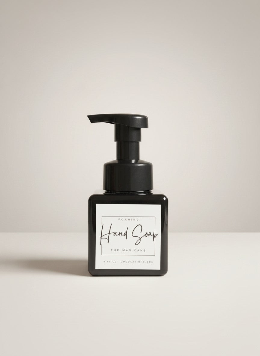 Doodlations Coffee Bar & Boutique Man Cave foaming hand soap in a black square bottle with a black pump dispenser.