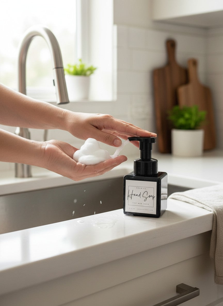 Doodlations Coffee Bar & Boutique Man Cave foaming hand soap in a black square bottle with a black pump dispenser.