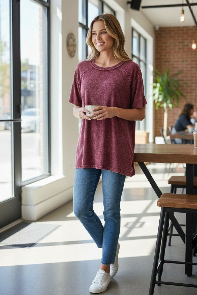 Doodlations Coffee Bar & Boutique maroon mineral wash oversized cotton blend tee with crew neck and short sleeves.