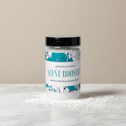 Doodlations Mediterranean Mist laundry scent booster in a clear plastic jar with a black lid, filled with white granules.