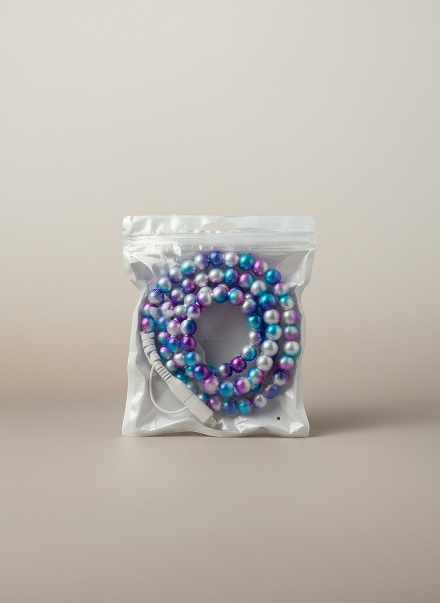 Doodlations Coffee Bar & Boutique mermaid beaded charging cable in purple, blue, and silver iridescent beads.