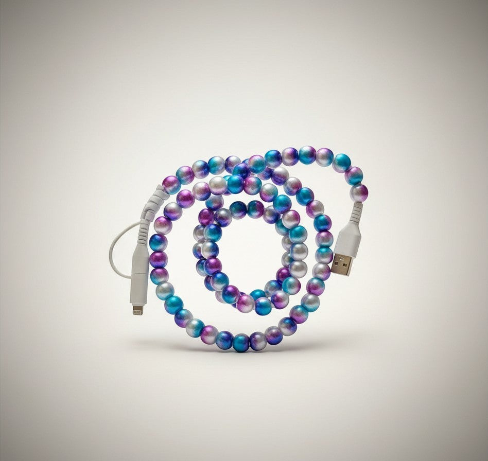 Doodlations Coffee Bar & Boutique mermaid beaded phone charger with Lightning and USB-C connectors in blue, purple, and silver.