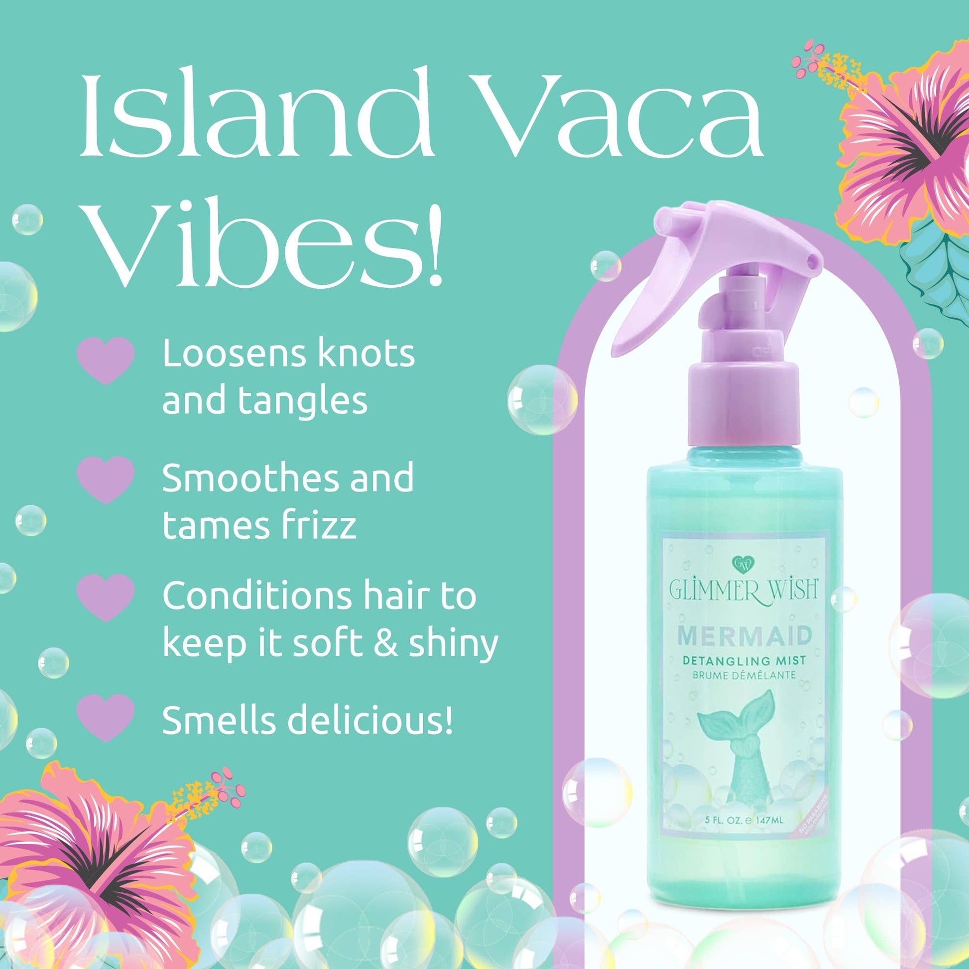 Doodlations Coffee Bar & Boutique Mermaid Detangling Mist bottle with a purple spray nozzle and a teal bottle, featuring a mermaid tail graphic. It promises to loosen knots, tame frizz, and condition hair.