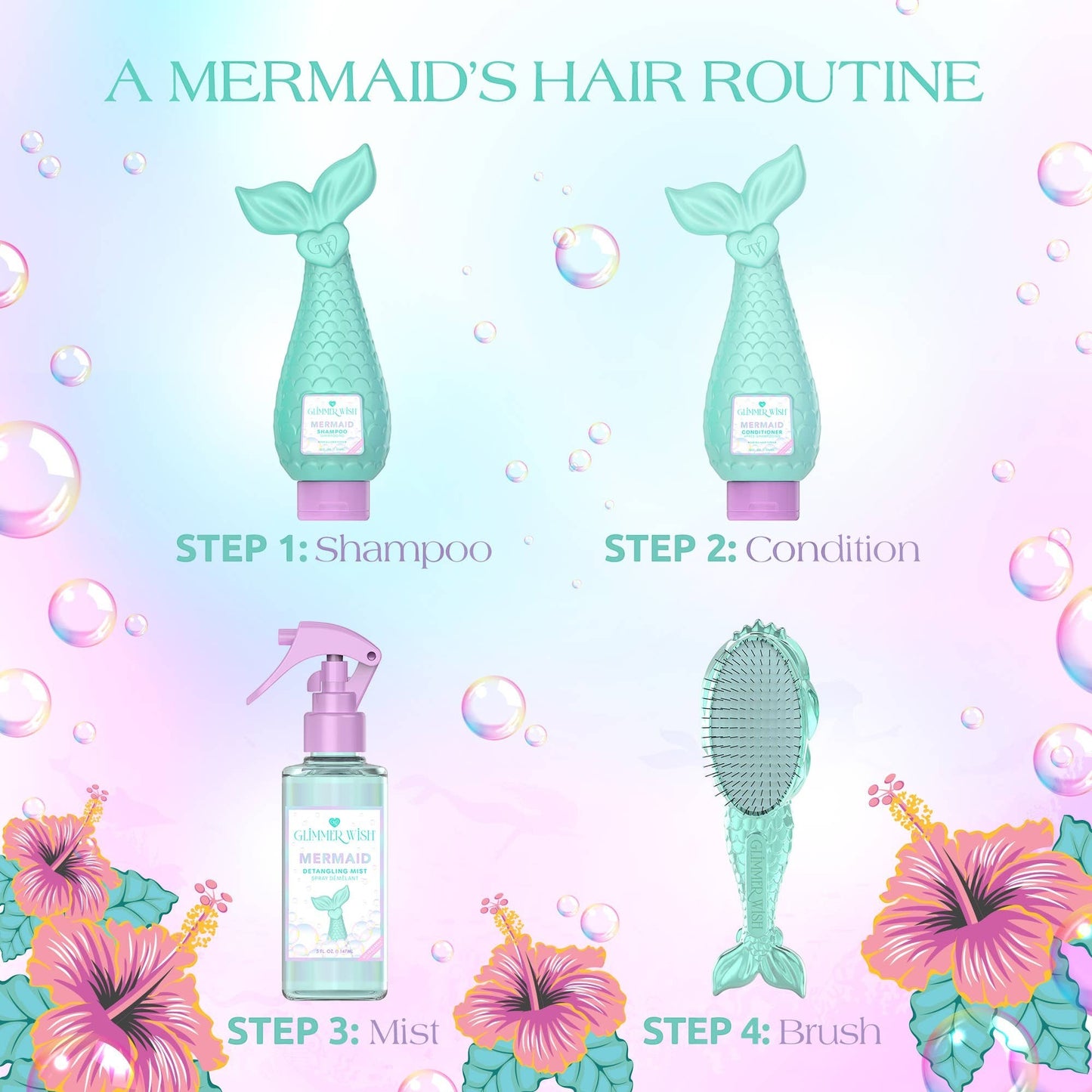 Doodlations Coffee Bar & Boutique Mermaid Hair Detangling Mist spray bottle with a pastel pink spray nozzle and a mint green mermaid tail design.