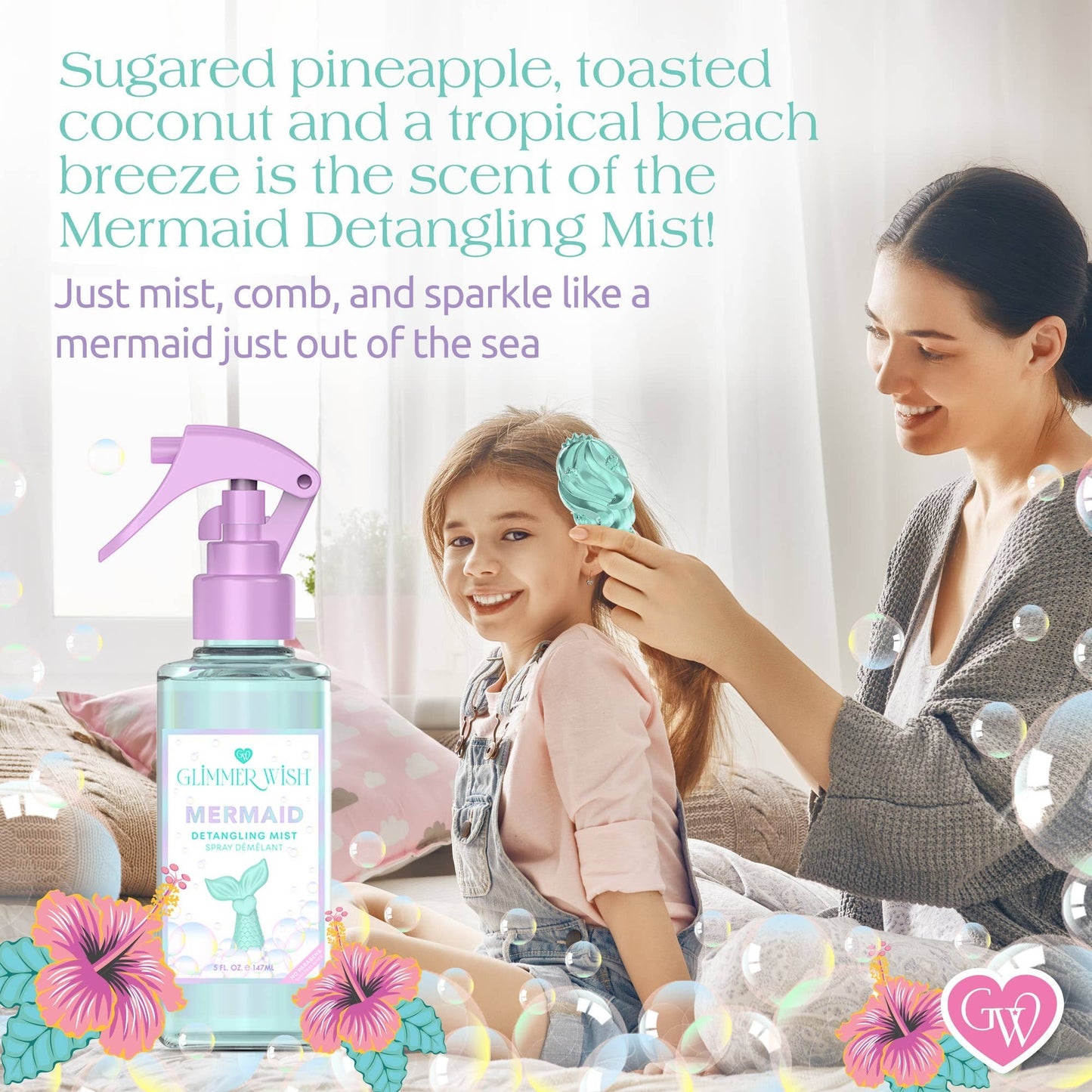 Doodlations Coffee Bar & Boutique Mermaid Detangling Mist spray bottle with a mother brushing her daughter's hair.