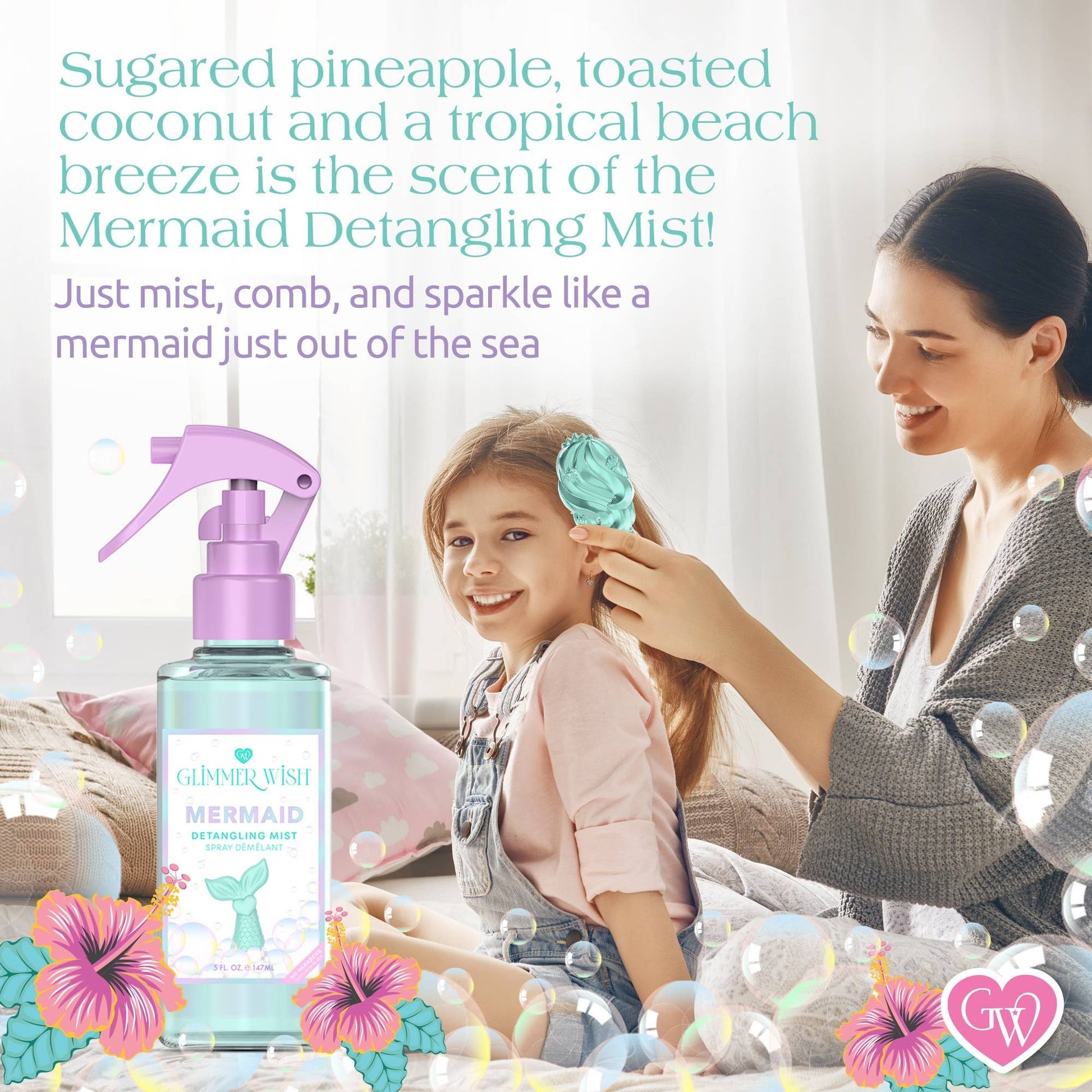 Doodlations Coffee Bar & Boutique Mermaid Detangling Mist spray bottle with a mother brushing her daughter's hair.