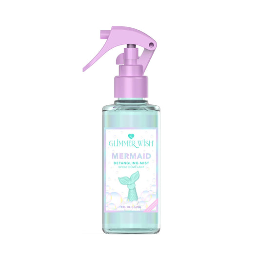 Doodlations Coffee Bar & Boutique Mermaid Detangling Mist spray bottle with a purple trigger and pink cap. The clear bottle contains a pale blue liquid and a label with a mermaid tail graphic.