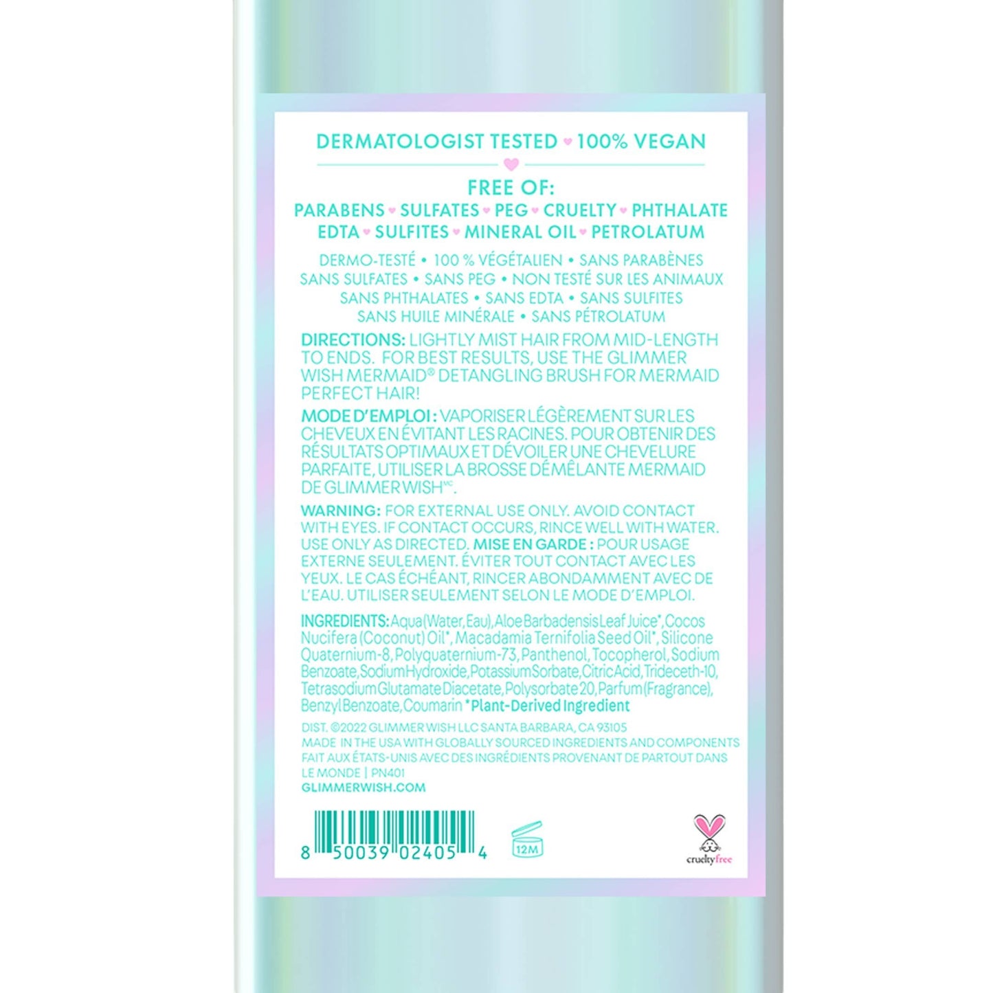 Doodlations Coffee Bar & Boutique Mermaid Hair Detangling Mist bottle label with ingredients and usage instructions.