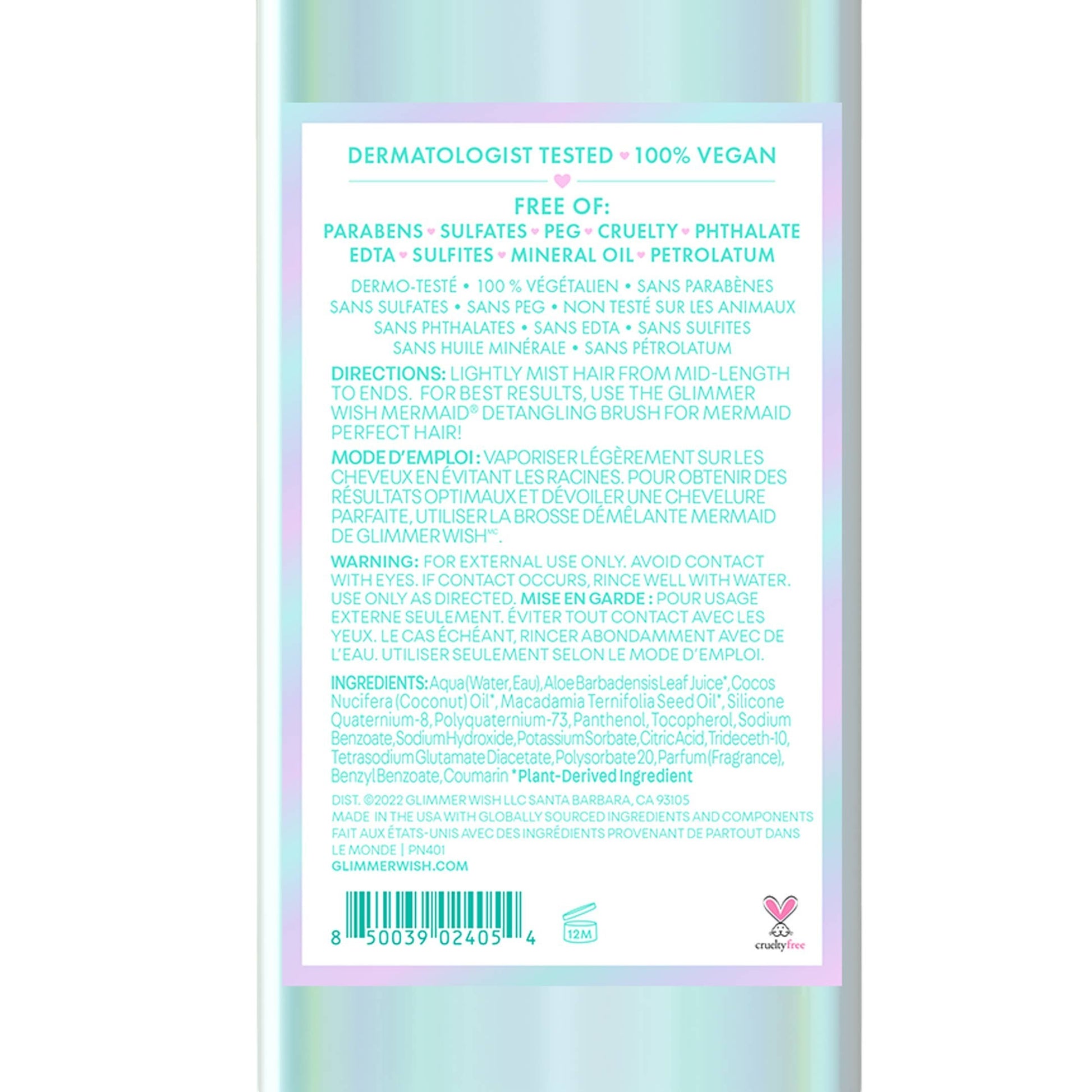 Doodlations Coffee Bar & Boutique Mermaid Hair Detangling Mist bottle label with ingredients and usage instructions.