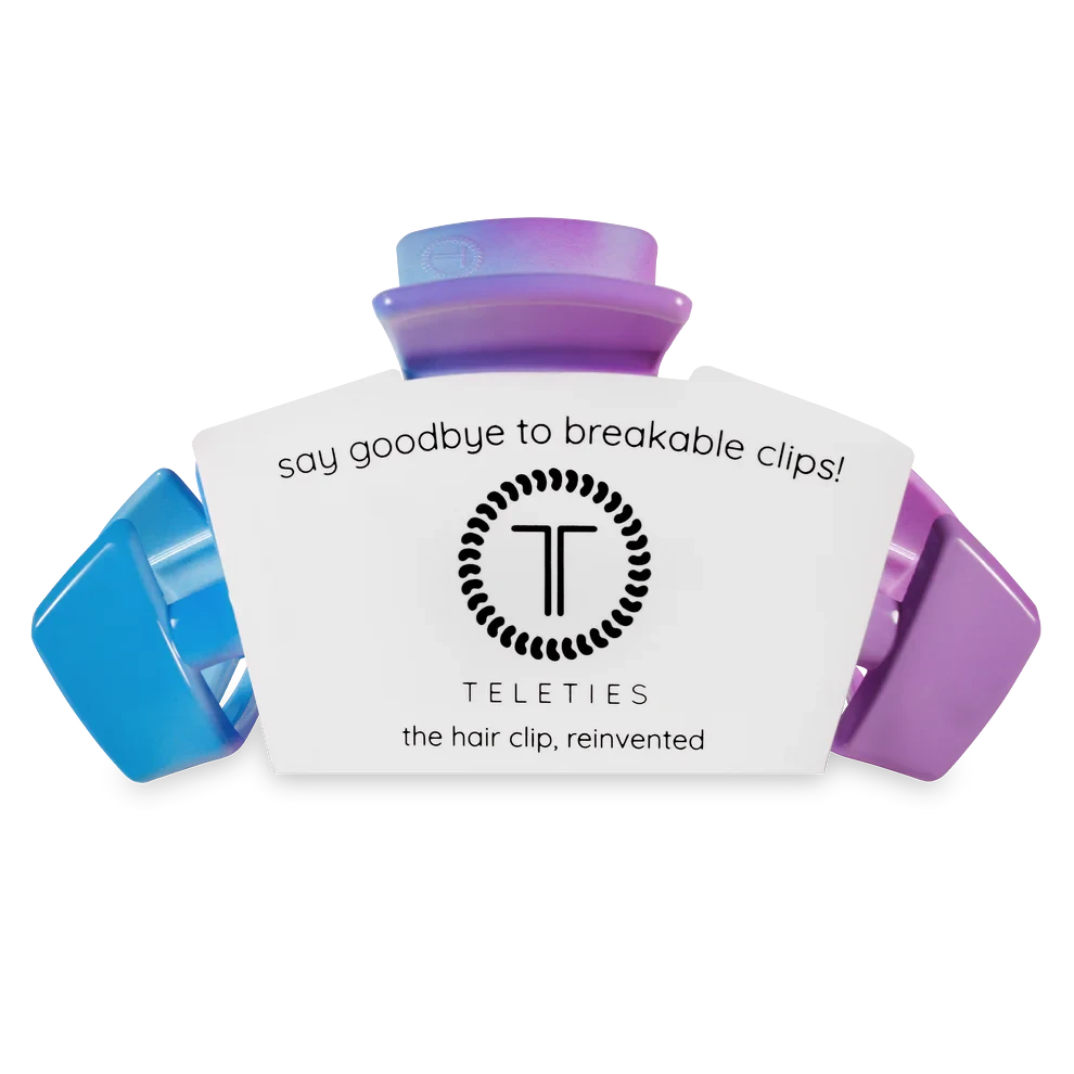 Doodlations Coffee Bar & Boutique Miami Vice Teleties claw clip with blue and purple gradient, durable flexible material.