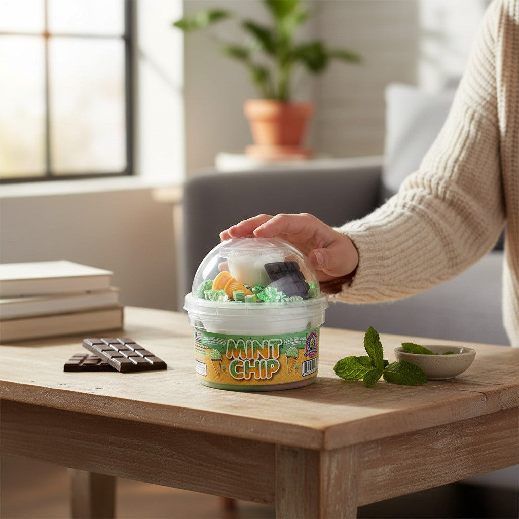 Doodlations Mint Chip slime in a clear container with a dome lid, featuring mint green, white, and beige swirled butter slime with chocolate bar and ice cream cone charms.