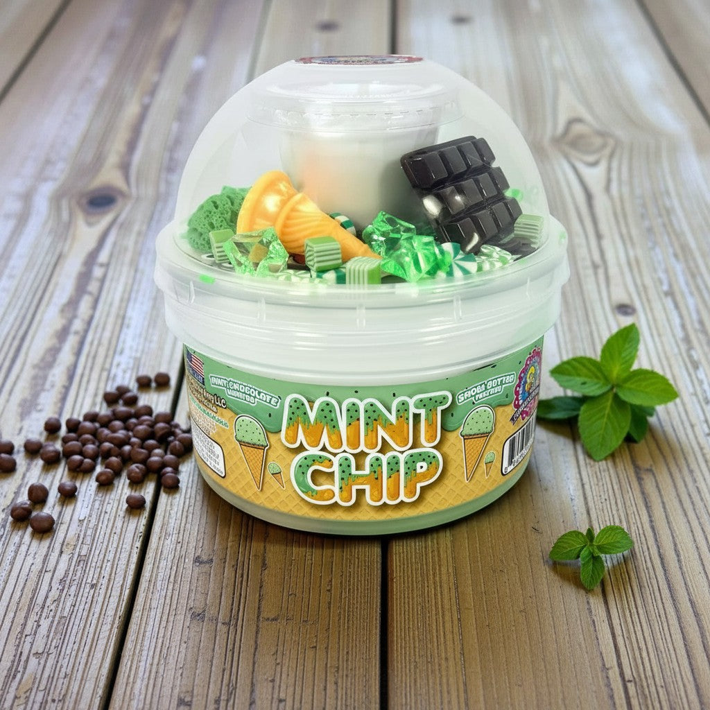 Doodlations Mint Chocolate Chip Ice Cream Slime with chocolate bar, ice cream cone, and mint candy charms.