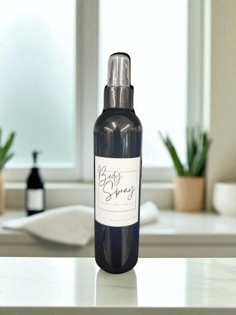 Doodlations Moisturizing Body Spray in a dark bottle with a white label that says "Body Spray Tahitian Treat".