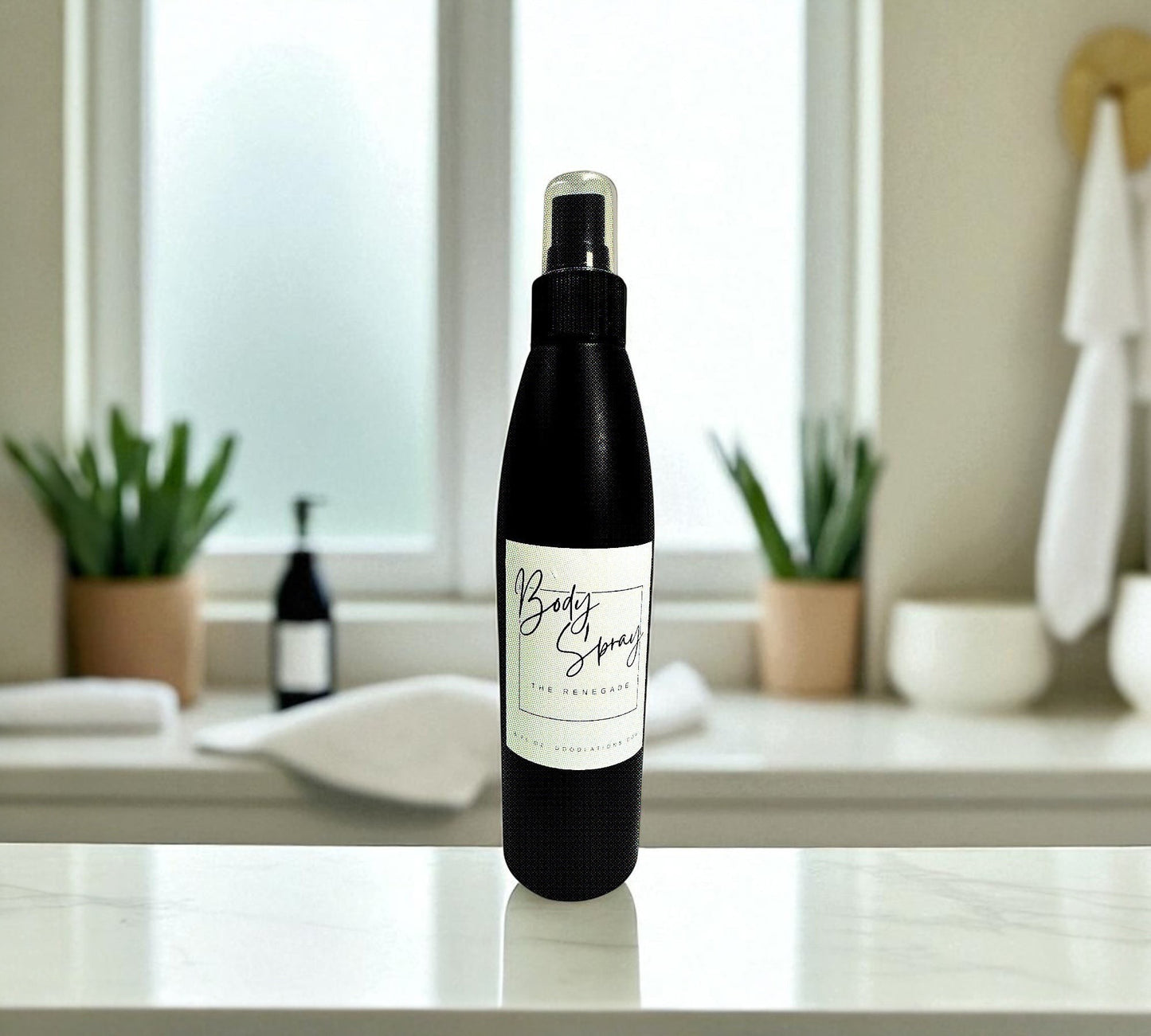 Doodlations Moisturizing Body Spray in a black bottle with a white label, featuring aloe and hydrating butters and oils.