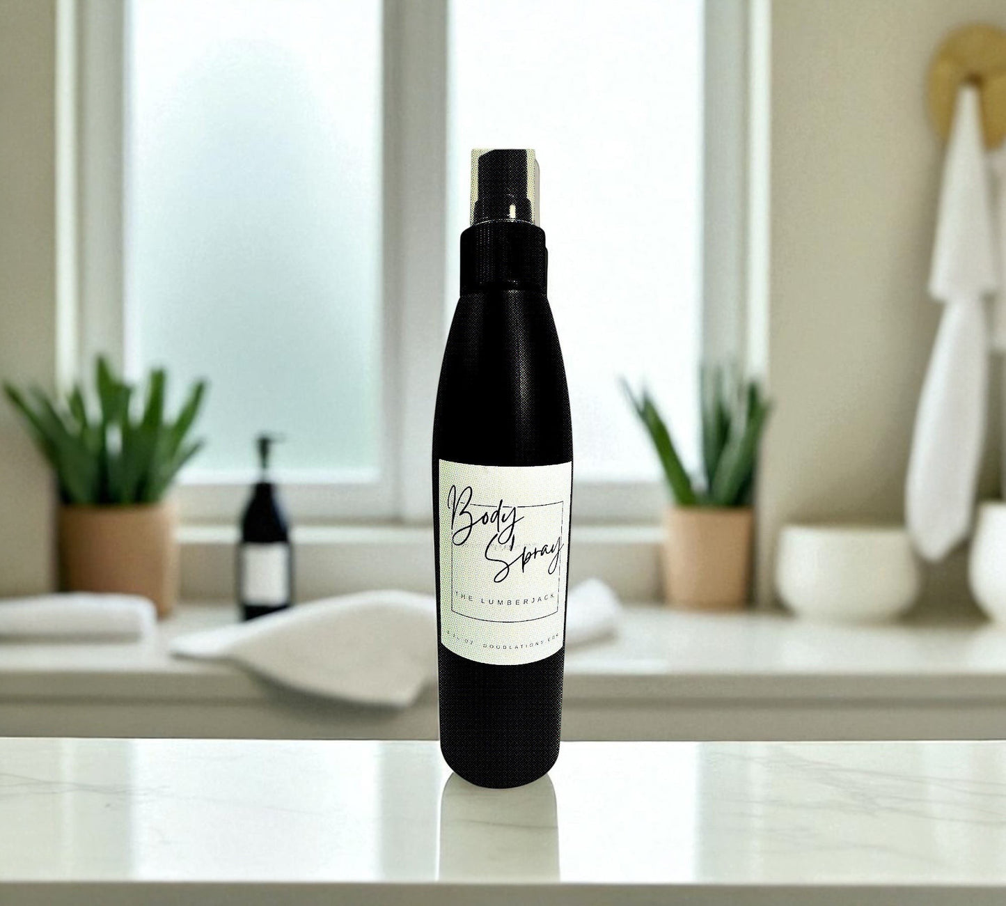 Doodlations Moisturizing Body Spray in a black bottle with a white label, featuring aloe and hydrating butters.