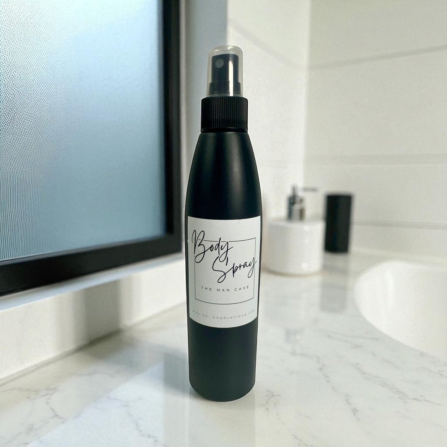 Doodlations Moisturizing Body Spray for men in 'The Man Cave' scent, alcohol-free mist with aloe and hydrating butters.