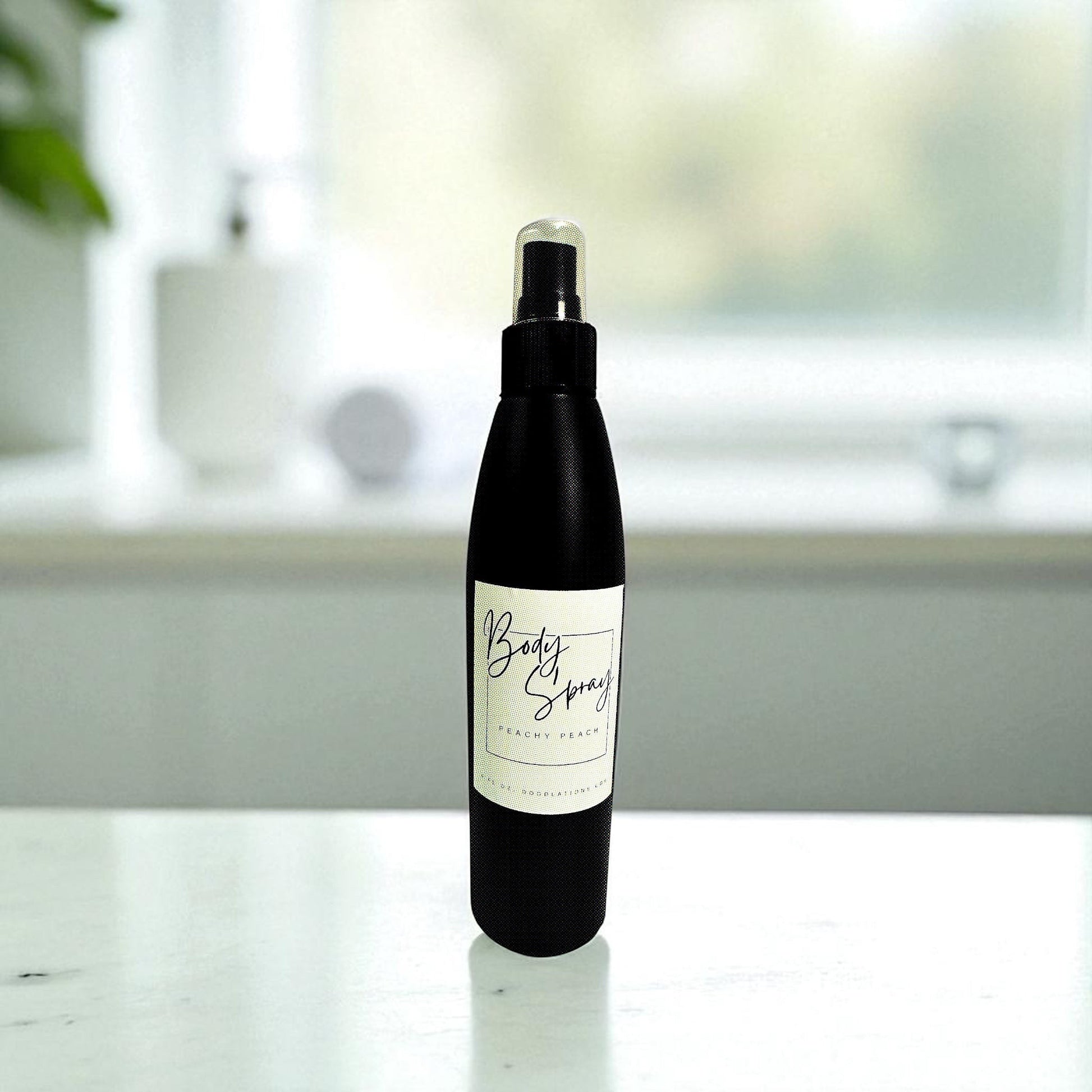 Doodlations Moisturizing Body Spray in Peachy Peach scent, a black bottle with a white label, perfect for everyday use.