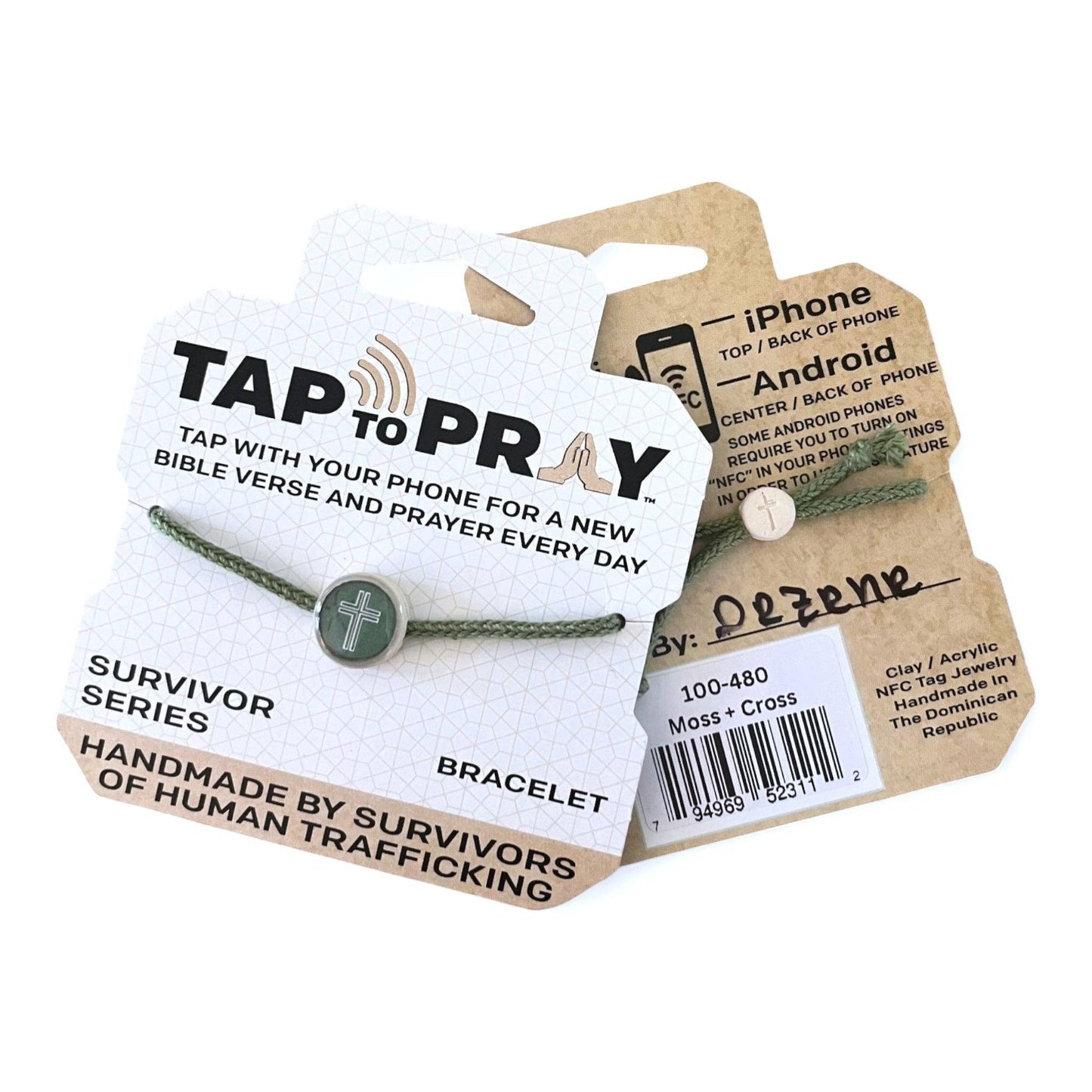 Doodlations Coffee Bar & Boutique Survivor Series bracelet with moss green cord and a central cross charm. NFC enabled for daily Bible verses and prayers.