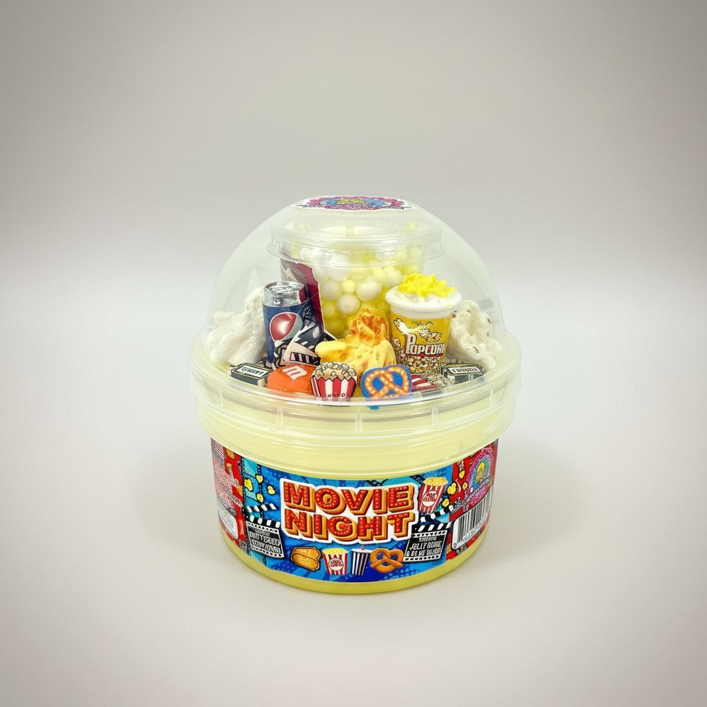 Doodlations Movie Night jelly cube clay slime with popcorn, soda, candy, and movie ticket charms. Scented like buttered popcorn.