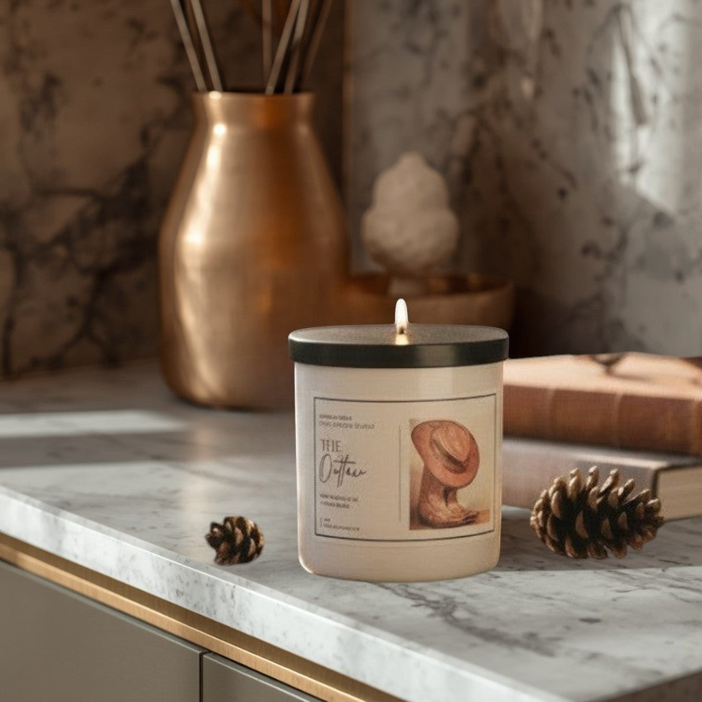 Doodlations Coffee Bar & Boutique The Outlaw candle with masculine notes of vanilla, pepper, patchouli, gunpowder, musk, and oakmoss.
