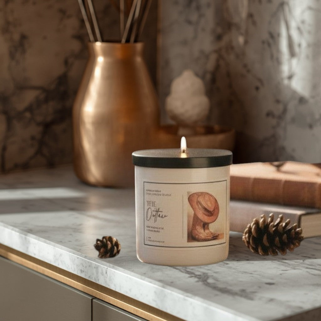 Doodlations Coffee Bar & Boutique The Outlaw candle with masculine notes of vanilla, pepper, patchouli, gunpowder, musk, and oakmoss.
