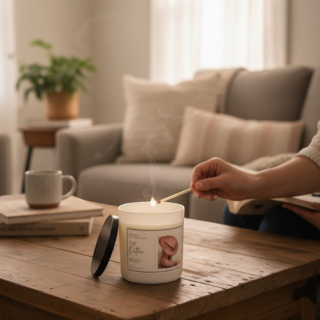 Doodlations The Outlaw masculine scented soy blend candle with notes of vanilla, black pepper, patchouli, and gunpowder.