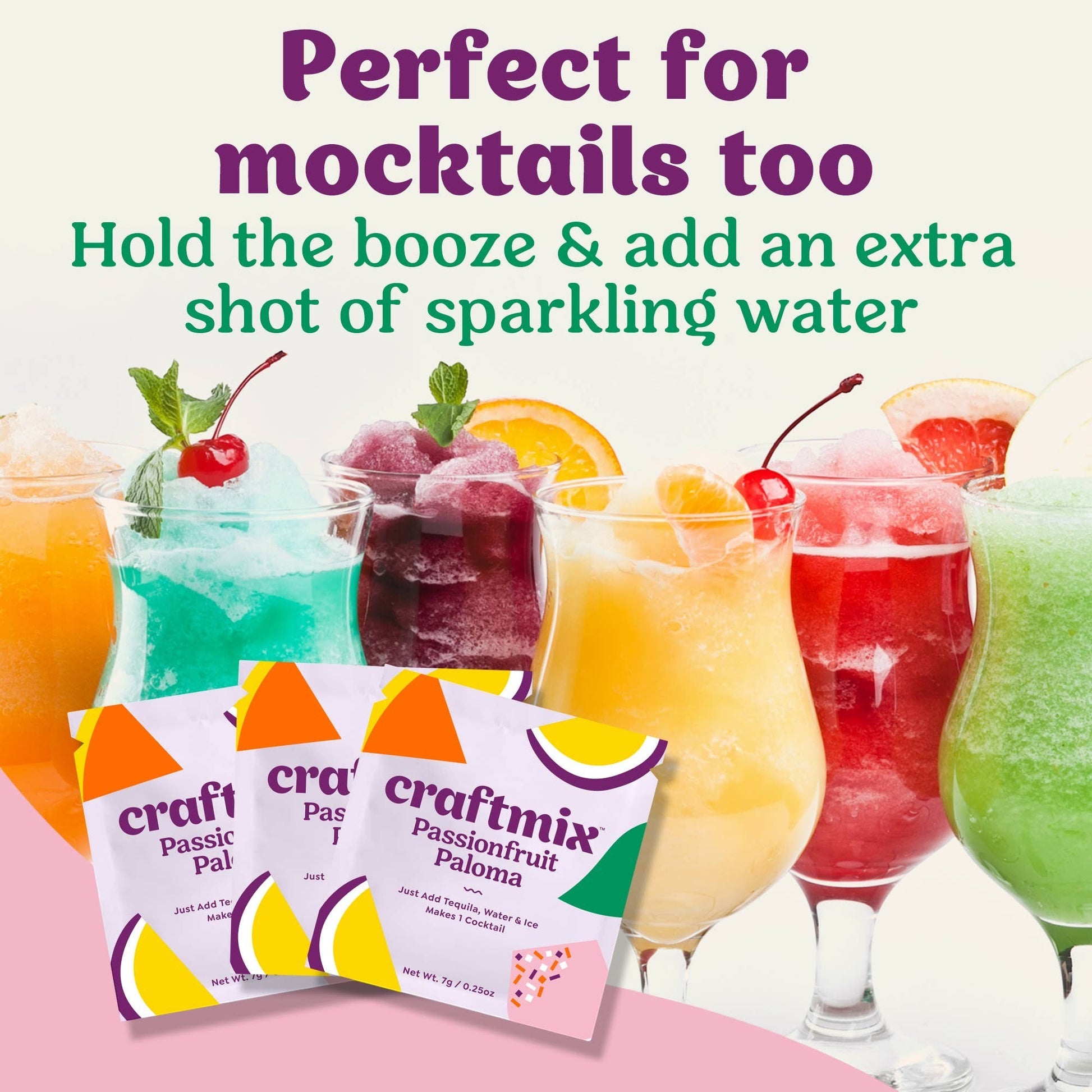 Doodlations Coffee Bar & Boutique Craftmix Passionfruit Paloma cocktail mix packets with colorful blended drinks.