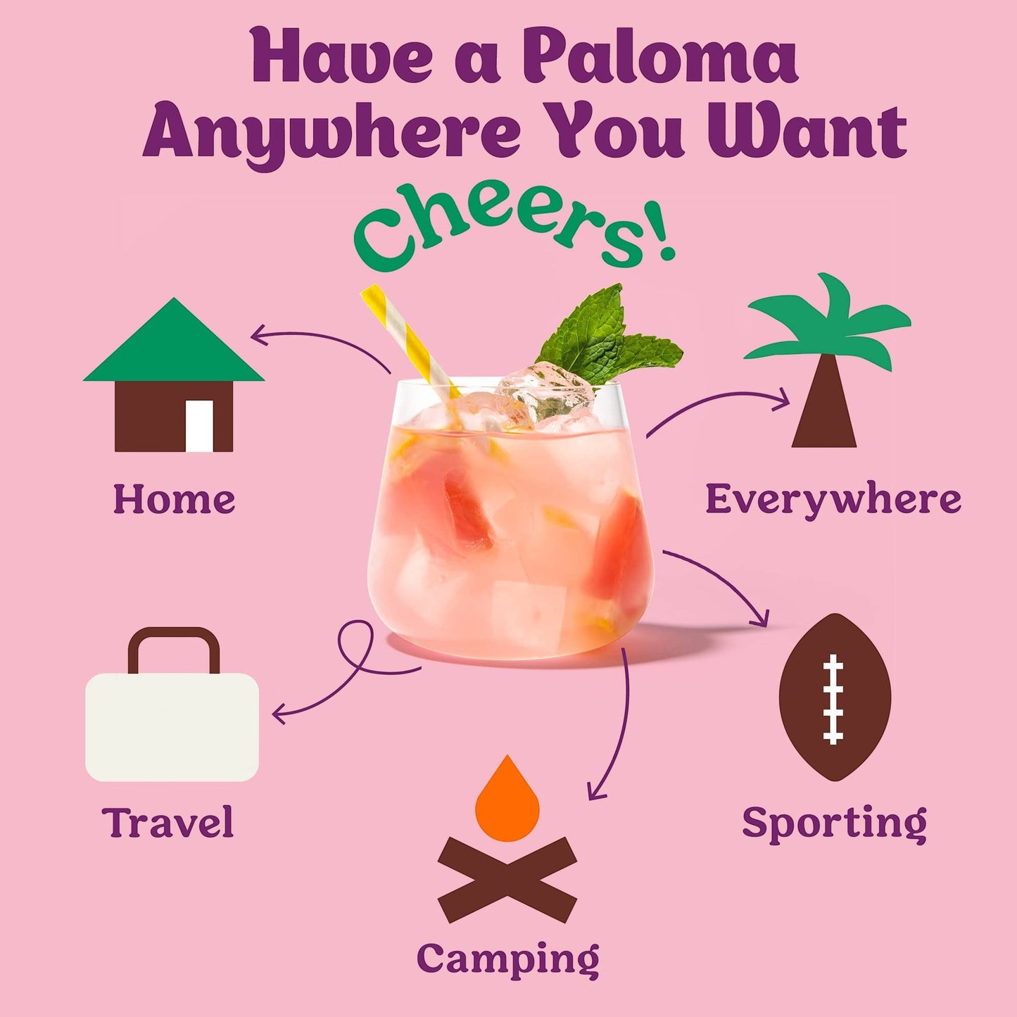 Doodlations Coffee Bar & Boutique Passionfruit Paloma cocktail mixer with strawberry and mint garnish, shown with icons for home, travel, camping, sporting, and everywhere.