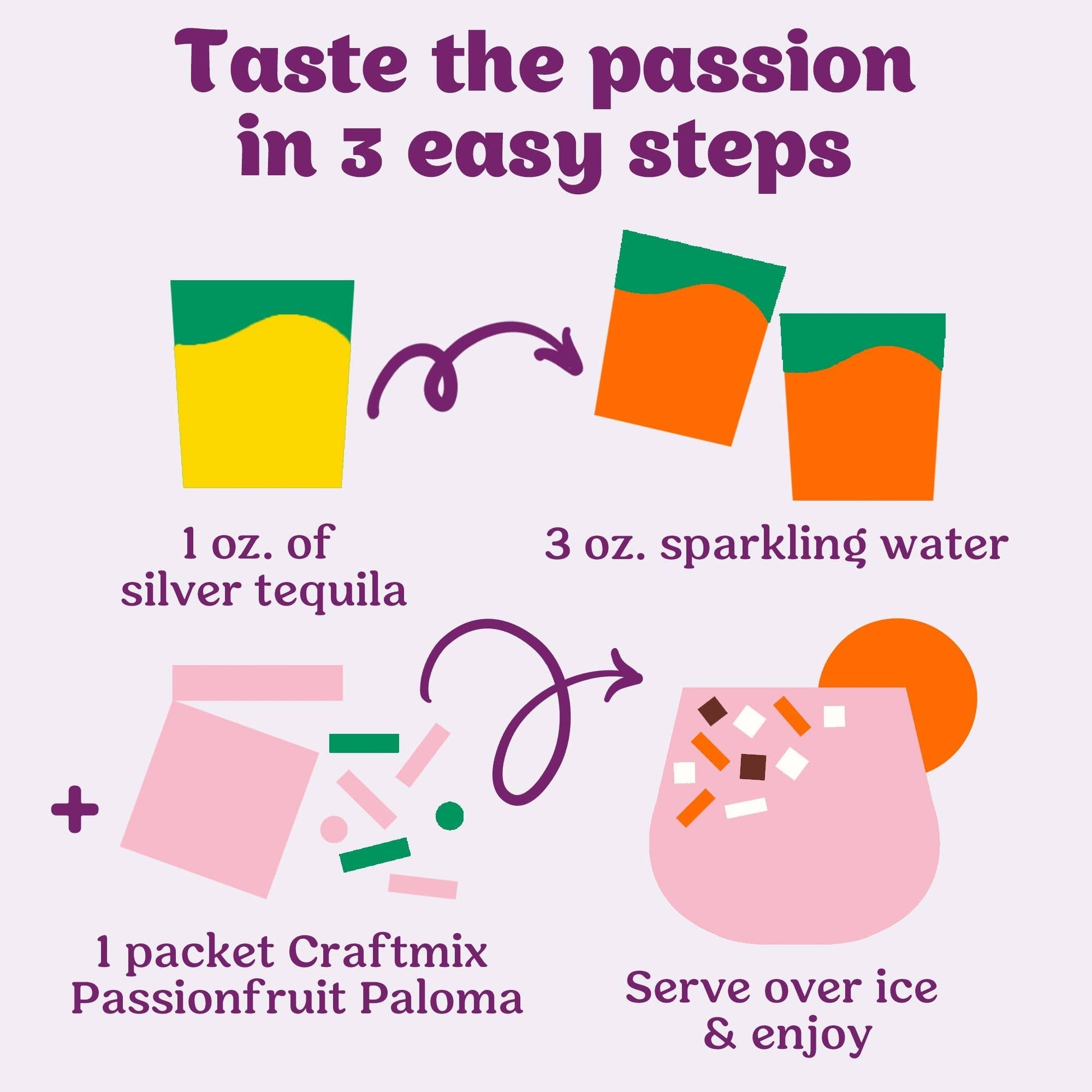 Doodlations Coffee Bar & Boutique Passionfruit Paloma cocktail mixer instructions: add silver tequila, sparkling water, and mixer packet to ice.
