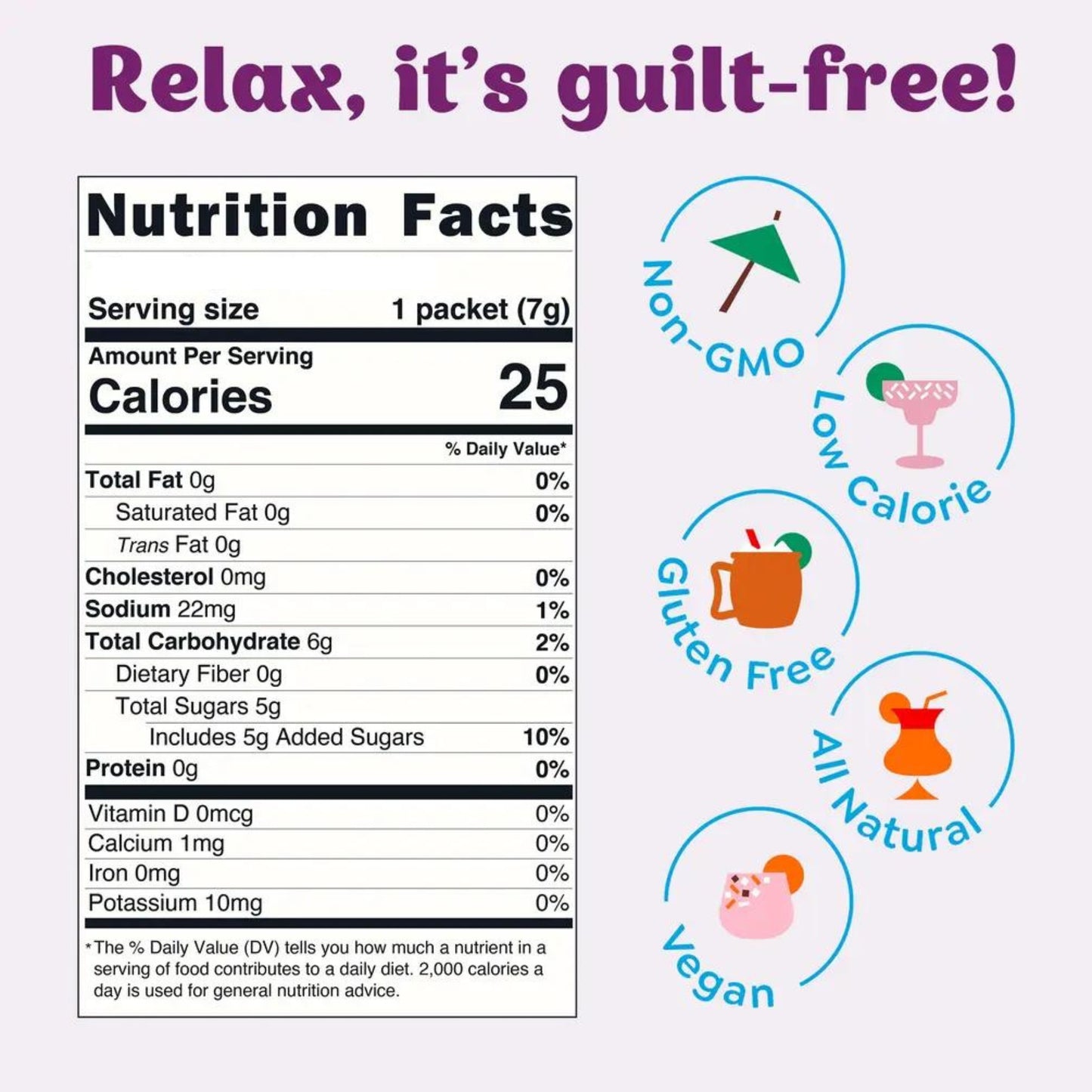 Doodlations Coffee Bar & Boutique Passionfruit Paloma cocktail mixer nutrition facts and icons for non-GMO, low calorie, gluten-free, all-natural, and vegan.
