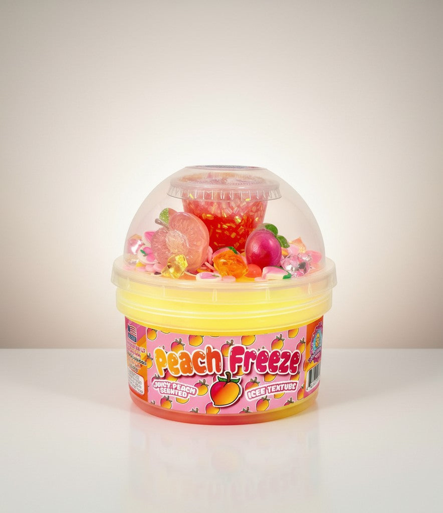 Doodlations Peach Freeze slime with pink, orange, and yellow swirls, peach charms, and sprinkles.