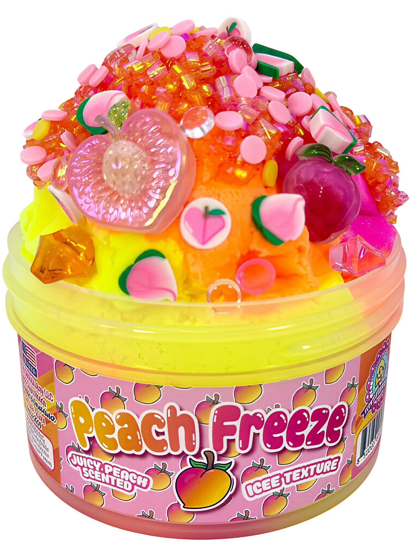 Doodlations Peach Freeze iced texture slime with peach charms, glitter, and candy add-ins in a yellow container.